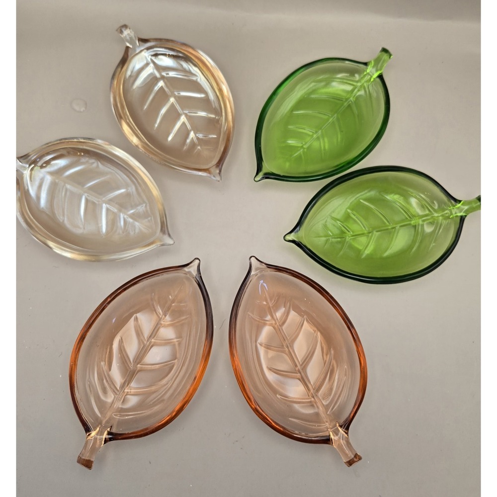 Vintage 60's Color‎ Glass Leaf Shaped Trays 6pcs. 3 Colors B#24